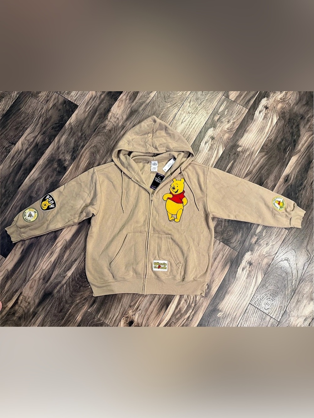 NWT Disney Winnie the Pooh Chenille Patch Zip Hoodie XXL Sand